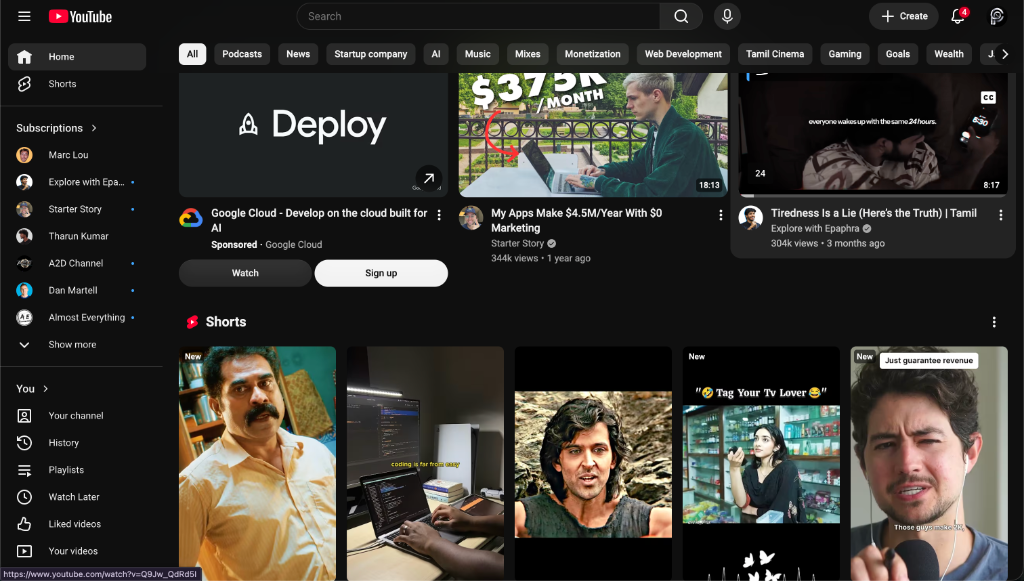 Distracting default YouTube feed with Shorts carousels and recommendations